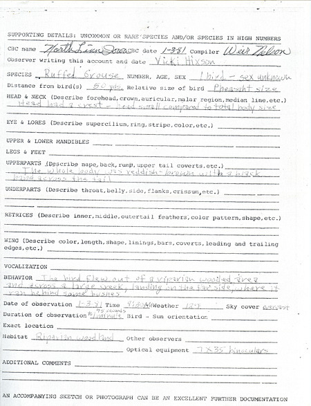 A form documenting the sighting of a Ruffed Grouse in North Linn submitted by Vicki Hixson. This item was used as supporting documentation for the Iowa Ornithologists Union Quarterly field report of winter 1980-1981.