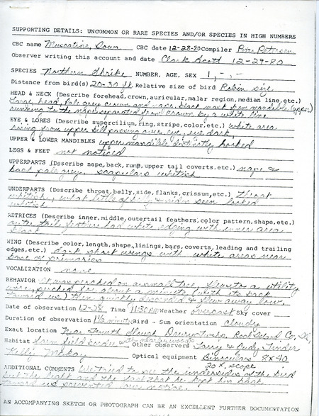 A form, including sketch, documenting the sighting of a Northern Shrike near Fourth Slough, Illinois submitted by Clark Scott. This item was used as supporting documentation for the Iowa Ornithologists' Union Quarterly field report of Winter 1980-1981.