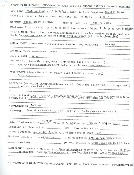 A form documenting the sighting of a Yellow-headed Blackbird at the North end of Nobles Lake submitted by David W. Menke. This item was used as supporting documentation for the Iowa Ornithologists Union Quarterly field report of winter 1980-1981.
