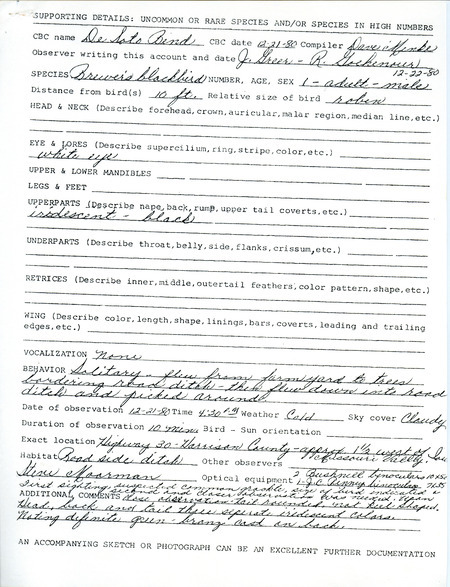 A form documenting the sighting of a Brewer's Blackbird from Highway 30 west of Missouri Valley submitted by Janet Greer. This item was used as supporting documentation for the Iowa Ornithologists Union Quarterly field report of winter 1980-1981.
