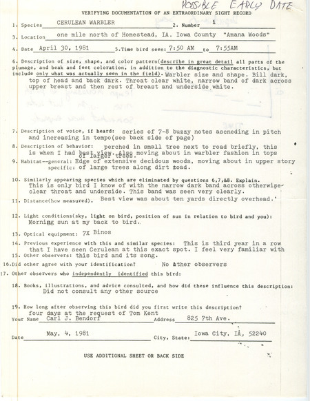 Documentation supporting the sighting of a Cerulean Warbler submitted by Carl Bendorf. This item was used as supporting documentation for the Iowa Ornithologists Union Quarterly field report of spring 1981.