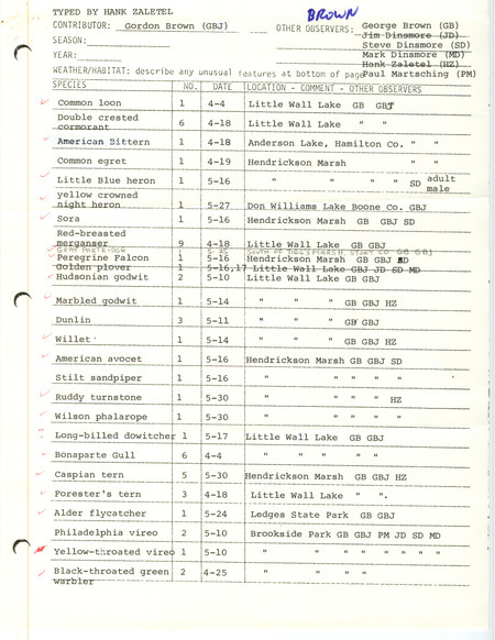 An annotated list of birds sighted by Gordon Brown and others around central Iowa. This item was used as supporting documentation for the Iowa Ornithologists Union Quarterly field report of spring 1981.