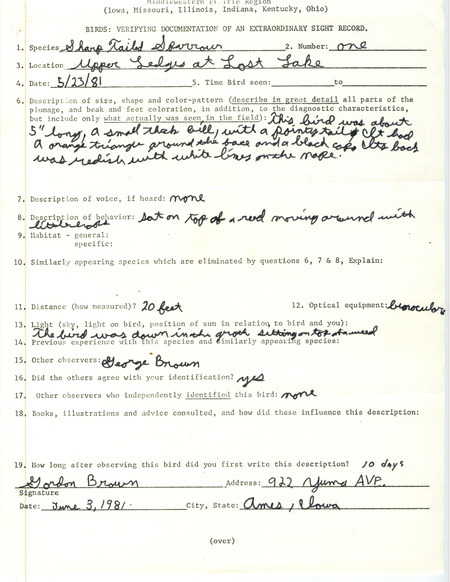 A form documenting the sighting of a Sharp Tailed Sparrow in Ledges State Park submitted by Gordon Brown. This item was used as supporting documentation for the Iowa Ornithologists Union Quarterly field report of spring 1981.