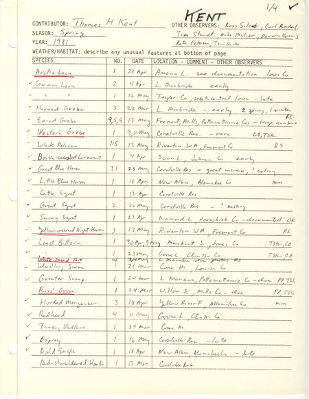 An annotated list of birds sighted by Thomas Kent and others. This item was used as supporting documentation for the Iowa Ornithologists Union Quarterly field report of spring 1981.