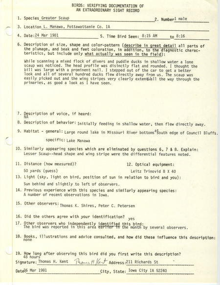 A form documenting the sighting of a Greater Scaup at Lake Manawa submitted by Thomas Kent. This item was used as supporting documentation for the Iowa Ornithologists Union Quarterly field report of spring 1981.