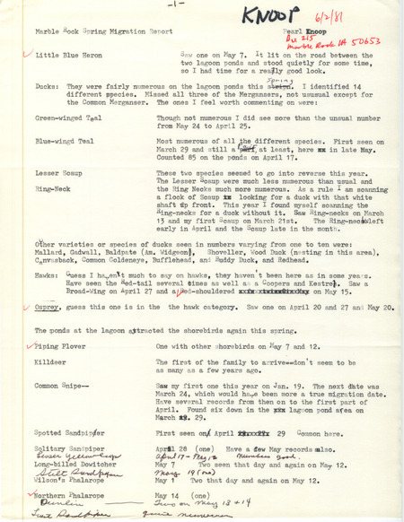 A list of birds sighted by Pearl Knoop including a hand-drawn map showing the area at Marble Rock where she goes birding. This item was used as supporting documentation for the Iowa Ornithologists Union Quarterly field report of spring 1981.