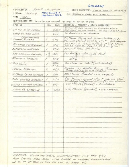 An annotated list of birds sighted by Rene Laubach and others. This item was used as supporting documentation for the Iowa Ornithologists Union Quarterly field report of spring 1981.