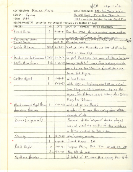An annotated list of birds sighted by Francis Moore and others. Includes forms documenting the sighting of a Marbled Godwit at Big March, a Bewick's Wren at Hickory Hill Park, and a Henslow's Sparrow at Hayden Prairie. This item was used as supporting documentation for the Iowa Ornithologists Union Quarterly field report of spring 1981.