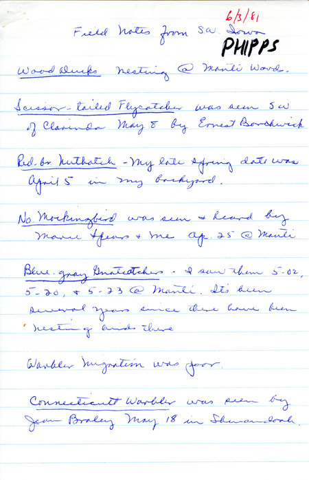 A list of birds sighted by Ruth Phipps and others. This item was used as supporting documentation for the Iowa Ornithologists Union Quarterly field report of spring 1981.