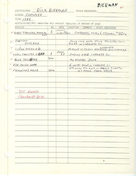 Summer report of birds found in and around Cherokee County contributed by Dick Bierman. This item was used as supporting documentation for the Iowa Ornithologists' Union Quarterly field report of summer 1981.