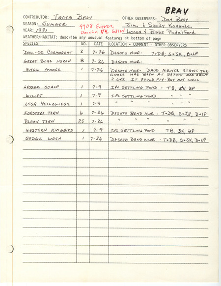 Summer report of birds found in and around the DeSoto National Wildlife Refuge contributed by Tanya Bray and other observers. This item was used as supporting documentation for the Iowa Ornithologists' Union Quarterly field report of summer 1981.