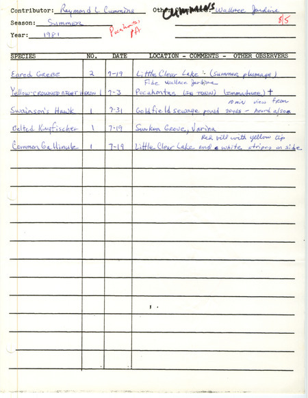 Summer report of birds contributed by Raymond L. Cummins. Verifying documentation of an extraordinary sighting of a Yellow-Crowned Night Heron is included. This item was used as supporting documentation for the Iowa Ornithologists' Union Quarterly field report of summer 1981.