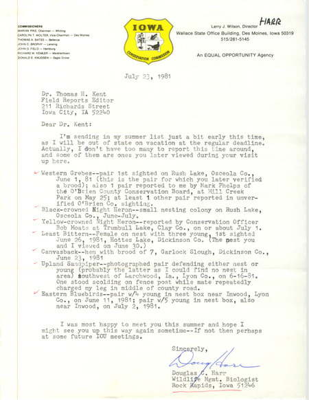 Letter from Douglas C. Harr to Thomas H. Kent regarding summer bird sightings in northwest Iowa, July 23, 1981. This item was used as supporting documentation for the Iowa Ornithologists' Union Quarterly field report of summer 1981.