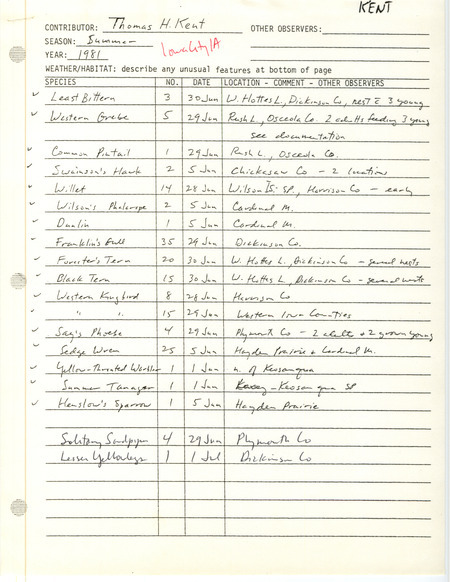 Summer report of birds contributed by Thomas H. Kent. Verifying documentation of extraordinary sightings of Say's Phoebe and Western Grebe are included. This item was used as supporting documentation for the Iowa Ornithologists' Union Quarterly field report of summer 1981.