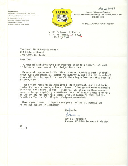 Letter from David A. Newhouse to Thomas H. Kent regarding summer bird sightings, July 25, 1981. This item was used as supporting documentation for the Iowa Ornithologists' Union Quarterly field report of summer 1981.