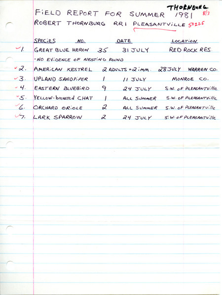 Summer report of birds contributed by Robert E. Thornburg, summer 1981. This item was used as supporting documentation for the Iowa Ornithologists' Union Quarterly field report of summer 1981.