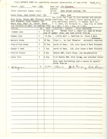 Field notes were contributed by James J. Dinsmore and other observers. A letter from Richard Sojda to James J. Dinsmore regarding the sighting of a Least Tern and verifying documentation of an extraordinary sighting of a Prairie Falcon contributed by Erwin E. Klaas are included. This item was used as supporting documentation for the Iowa Ornithologists' Union Quarterly field report of fall 1982.