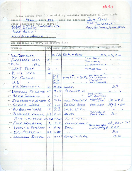 Field notes were contributed by Ruth Phipps and other observers. This item was used as supporting documentation for the Iowa Ornithologists' Union Quarterly field report of fall 1981.