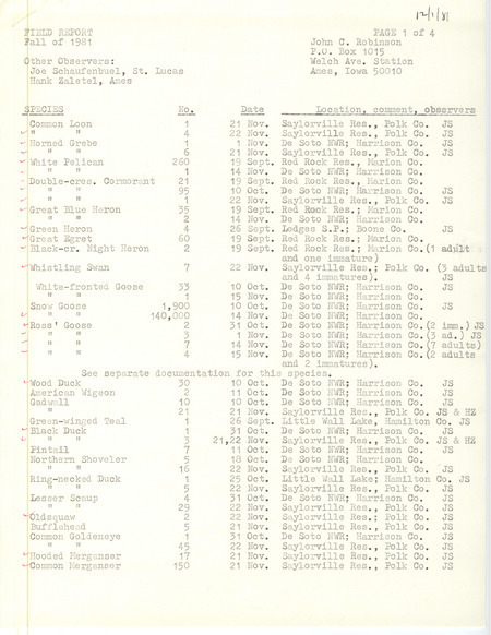 Field notes were contributed by John C. Robinson and other observers. This item was used as supporting documentation for the Iowa Ornithologists' Union Quarterly field report of fall 1981.