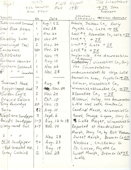 Field notes were contributed by Joseph P. Schaufenbuel and John C. Robinson, observer. This item was used as supporting documentation for the Iowa Ornithologists' Union Quarterly field report of fall 1981.