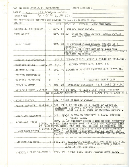 Field notes were contributed by Conrad F. Schlemmer. This item was used as supporting documentation for the Iowa Ornithologists' Union Quarterly field report of fall 1981.