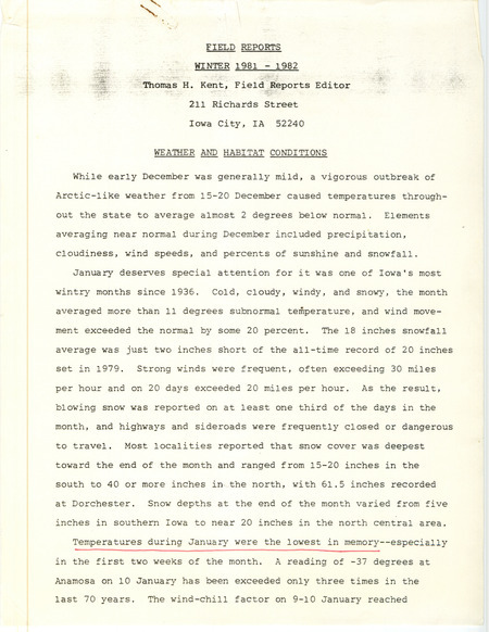 Quarterly field report for the fall of 1981 titled, "Field notes" was contributed by Thomas H. Kent. The report is an annotated draft.