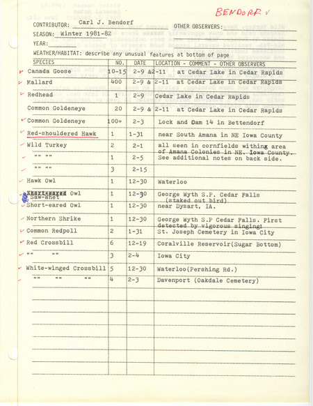 Field notes were contributed by Carl J. Bendorf. This item was used as supporting documentation for the Iowa Ornithologists' Union Quarterly field report of winter 1981-1982.