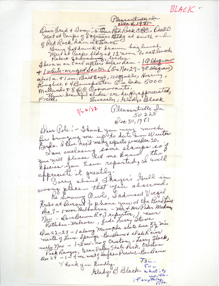Field notes were contributed by Gladys Black in a letter to Frederick W. Kent and Thomas H. Kent. A letter contributed by Gladys Black to Peter C. Peterson regarding Snowy Owl sightings, December 30, 1981 is included. This item was used as supporting documentation for the Iowa Ornithologists' Union Quarterly field report of winter 1981-1982.