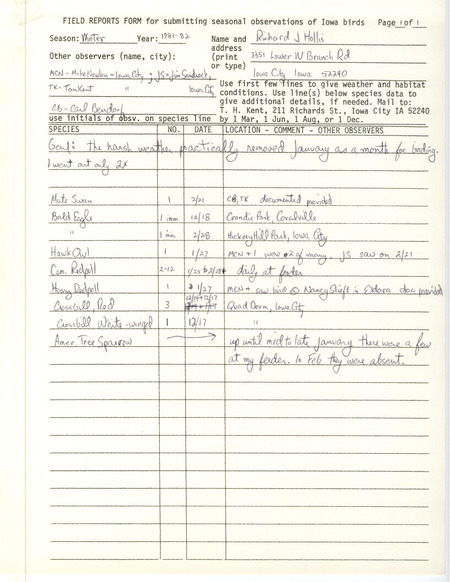 Field notes were contributed by Richard Jule Hollis and other observers. This item was used as supporting documentation for the Iowa Ornithologists' Union Quarterly field report of winter 1981-1982.