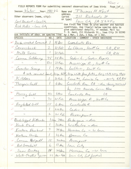 Field notes were contributed by Thomas H. Kent and other observers. This item was used as supporting documentation for the Iowa Ornithologists' Union Quarterly field report of winter 1981-1982.