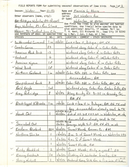 Field notes were contributed by Francis L. Moore and other observers. This item was used as supporting documentation for the Iowa Ornithologists' Union Quarterly field report of winter 1981-1982.