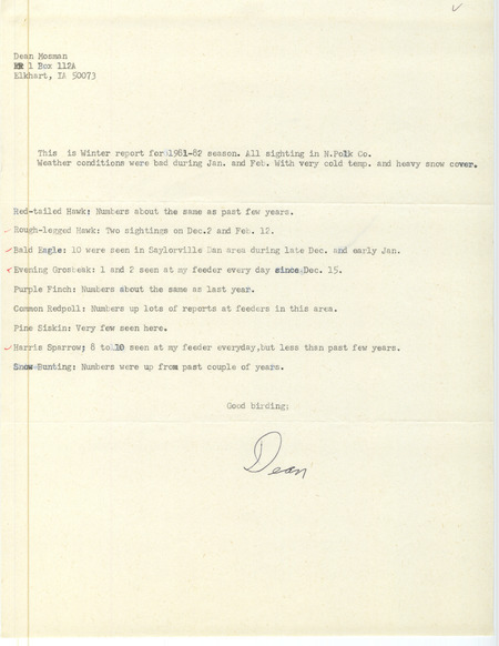 Field notes were contributed by Dean Mosman. This item was used as supporting documentation for the Iowa Ornithologists' Union Quarterly field report of winter 1981-1982.