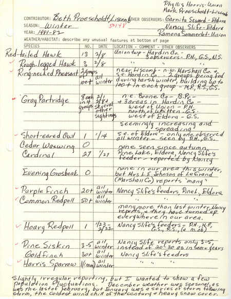 Field notes were contributed by Beth Proescholdt and other observers. This item was used as supporting documentation for the Iowa Ornithologists' Union Quarterly field report of winter 1981-1982.