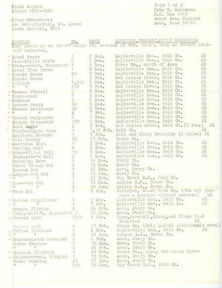 Field notes were contributed by John C. Robinson and other observers. This item was used as supporting documentation for the Iowa Ornithologists' Union Quarterly field report of winter 1981-1982.
