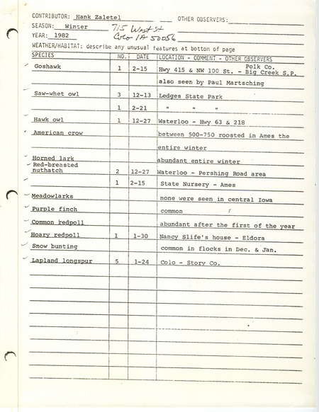 Field notes were contributed by Hank Zaletel. This item was used as supporting documentation for the Iowa Ornithologists' Union Quarterly field report of winter 1981-1982.