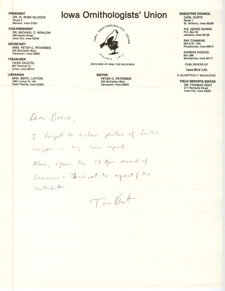 Quarterly field report for the spring of 1982 titled "Field reports" is contributed by Thomas H. Kent. It includes a letter from Thomas H. Kent to Bruce regarding corrections to the report.The report is an annotated draft.