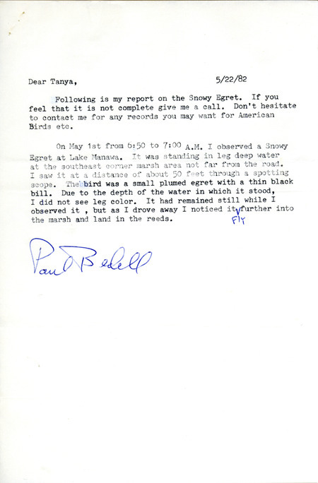 Field notes contributed by Tanya Bray in a letter to Paul Bedell regarding the sighting of a Snowy Egret at Lake Manawa. This item was used as supporting documentation for the Iowa Ornithologists' Union Quarterly field report of spring 1982.