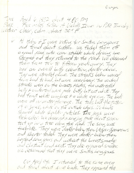 Field notes were contributed by Timothy L. Dwyer. This item was used as supporting documentation for the Iowa Ornithologists' Union Quarterly field report of spring 1982.