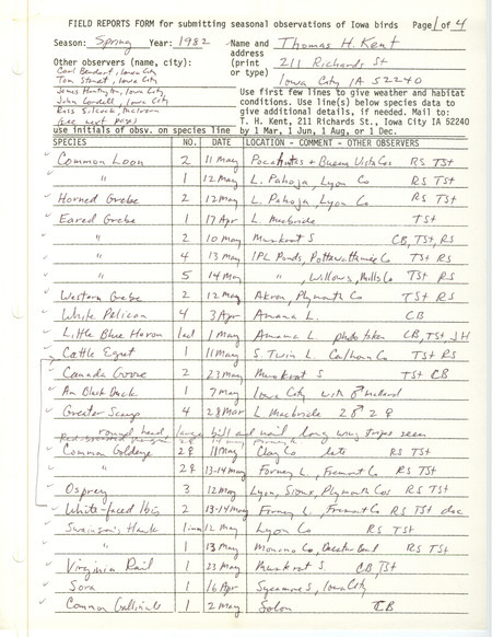 Field notes were contributed by Thomas H. Kent and other observers. This item was used as supporting documentation for the Iowa Ornithologists' Union Quarterly field report of spring 1982.
