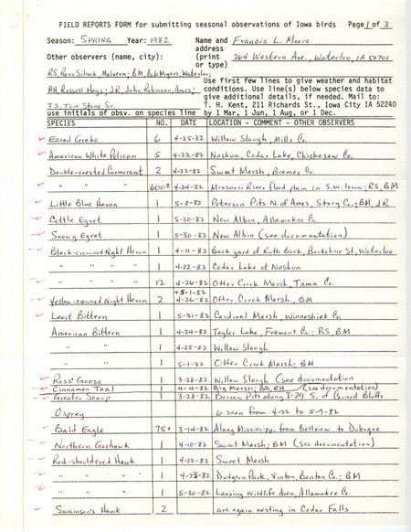 Field notes were contributed by Francis L. Moore and other observers. This item was used as supporting documentation for the Iowa Ornithologists' Union Quarterly field report of spring 1982.