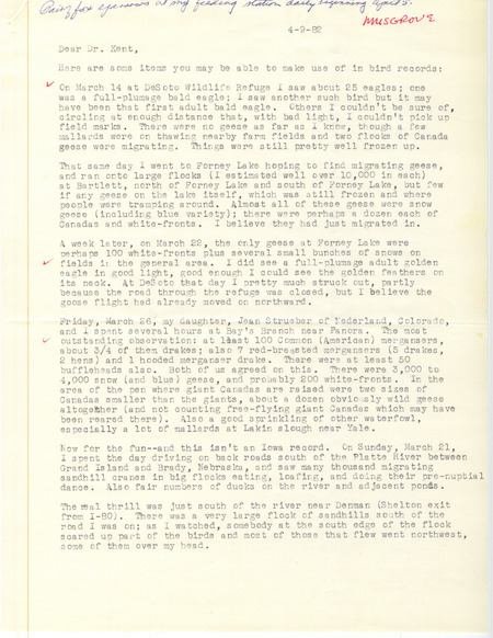 Field notes were contributed by Mary R. Musgrove in a letter to Thomas H. Kent. This item was used as supporting documentation for the Iowa Ornithologists' Union Quarterly field report of spring 1982.