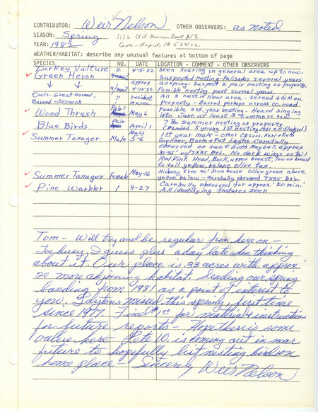 Field notes were contributed by Weir Nelson. A spring 1981 banding report is included. This item was used as supporting documentation for the Iowa Ornithologists' Union Quarterly field report of spring 1982.
