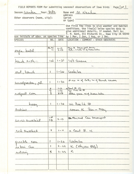 Field note were contributed by Michael C. Newlon. This item was submitted past the deadline for the Iowa Ornithologists' Union Quarterly Report of winter 1981-1982.