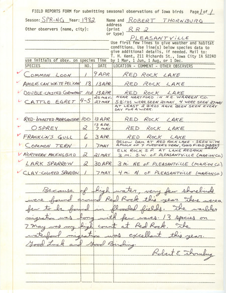 Field notes were contributed by Robert E. Thornburg. This item was used as supporting documentation for the Iowa Ornithologists' Union Quarterly field report of spring 1982.