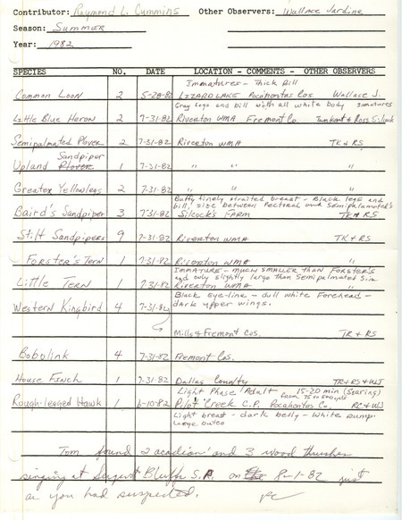 Field report was contributed by Raymond L. Cummins and observer Wallace E. Jardine. This item was used as supporting documentation for the Iowa Ornithologists' Union Quarterly field report of summer 1982.