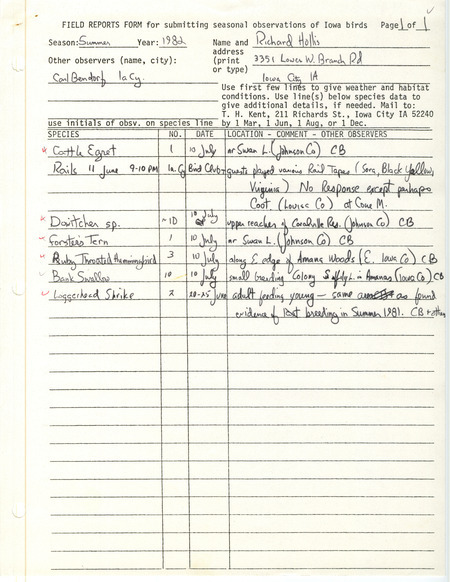 Field report from was contributed by Richard Hollis and observer Carl Bendorf. This item was used as supporting documentation for the Iowa Ornithologists' Union Quarterly field report of summer 1982.