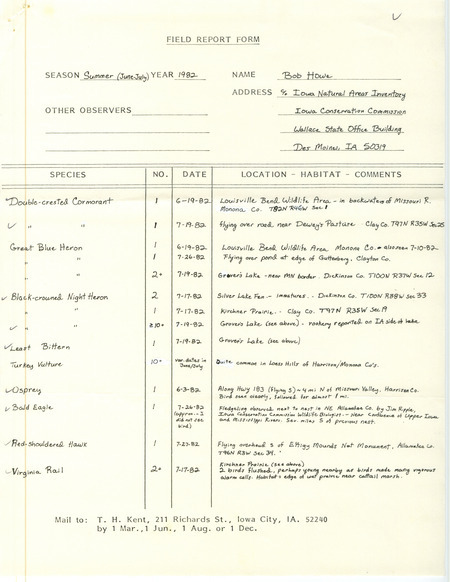Field report was contributed by Robert W. Howe. This item was used as supporting documentation for the Iowa Ornithologists' Union Quarterly field report of summer 1982.