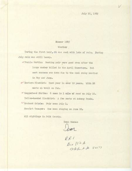 Field report on bird nest sightings was contributed by Dean Mosman. This item was used as supporting documentation for the Iowa Ornithologists' Union Quarterly field report of summer 1982.