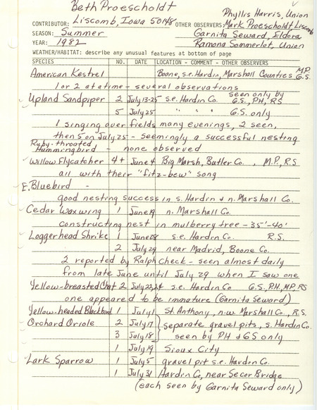 Field report was contributed by Beth Proescholdt and other observers. This item was used as supporting documentation for the Iowa Ornithologists' Union Quarterly field report of summer 1982.