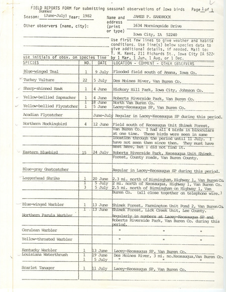 Field report was contributed by James P. Sandrock. This item was used as supporting documentation for the Iowa Ornithologists' Union Quarterly field report of summer 1982.